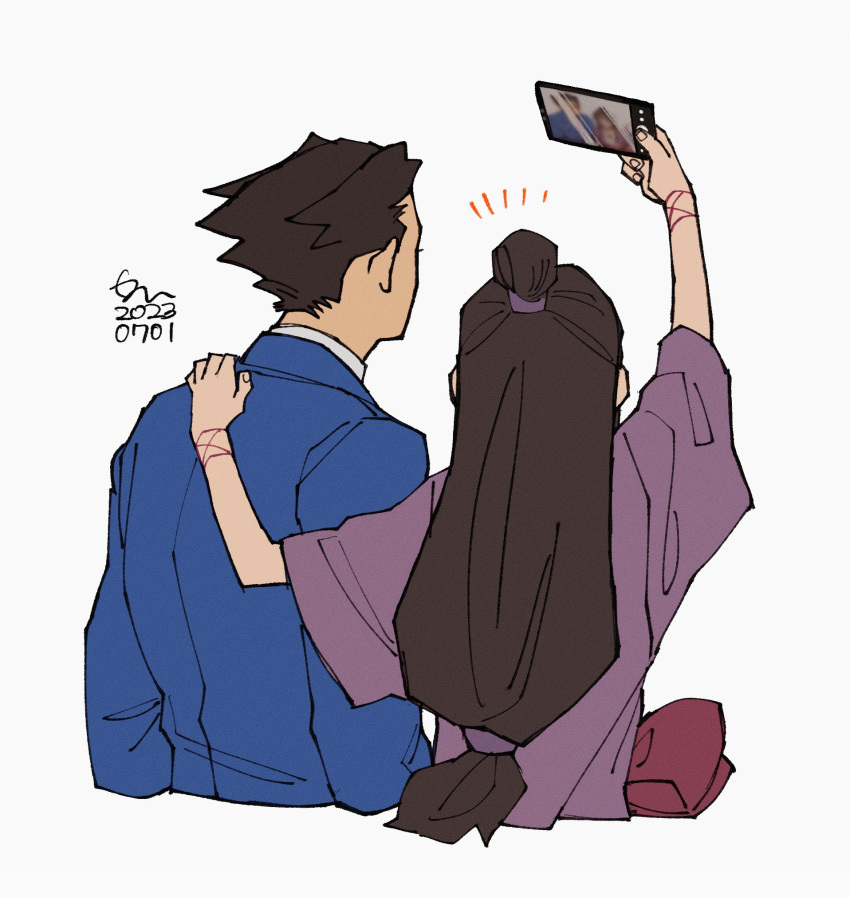 1boy 1girl ace_attorney arm_up black_hair blue_jacket cellphone cropped_torso dated erm_nkcn facing_away half_updo hand_on_another's_shoulder hand_up highres holding holding_phone jacket long_hair long_sleeves maya_fey phoenix_wright phone purple_jacket selfie short_hair signature smartphone spiked_hair