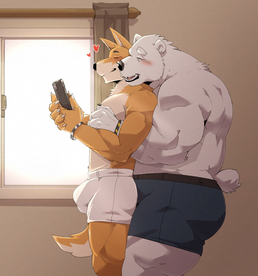 &lt;3 absurd_res anthro bear big_butt big_penis blush boxer_briefs bulge butt canid canine canis clothing detailed_bulge domestic_dog duo embrace fur genital_outline genitals hi_res hug hugging_from_behind jumperbear male male/male mammal musclegut muscular muscular_anthro muscular_male muscular_thighs orange_body orange_fur penis penis_outline phone polar_bear size_difference tail thick_thighs underwear ursine white_body white_fur