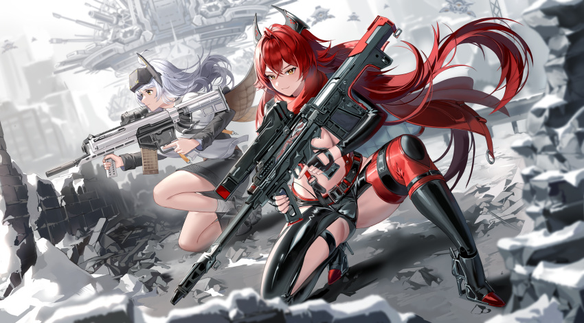 2girls anti-materiel_rifle battle_rifle black_shorts breasts bullpup character_request goddess_of_victory:_nikke grey_skirt gun h&amp;k_g3 highres jacket latex_shorts long_hair multiple_girls orange_eyes pencil_skirt red_hair red_hood_(nikke) red_thighhighs rifle science_fiction scope shorts silence_girl skirt smile sniper_rifle snow_white_(nikke) squatting stomach thighhighs very_long_hair weapon white_hair white_jacket