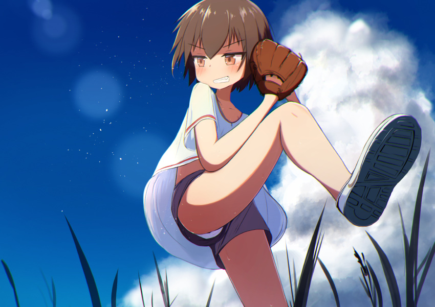 1girl androgynous baseball_mitt black_shorts blue_sky blurry blush bokeh brown_eyes brown_hair cloud collarbone commentary cumulonimbus_cloud day depth_of_field flat_chest foot_up from_below grass grin hair_between_eyes highres light_particles looking_ahead looking_to_the_side midriff_peek nike original outdoors own_hands_together paid_reward_available panties pantyshot parted_lips pitching playing_sports serious shirt shoes short_hair short_shorts short_sleeves shorts sky smile sneakers solo t-shirt tai_ichi tomboy underwear upshirt upshorts v-shaped_eyebrows very_short_hair white_footwear white_panties white_shirt