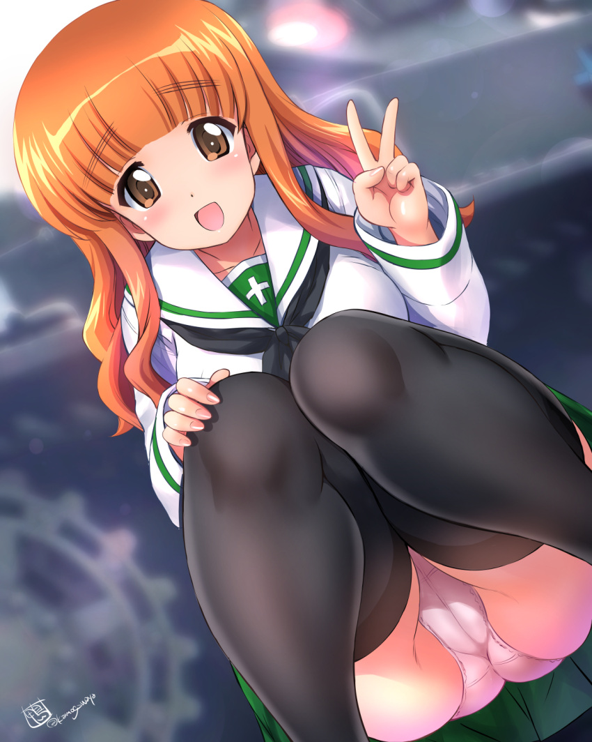 1girl black_thighhighs blurry blurry_background brown_eyes girls_und_panzer green_skirt highres kamogawa_tanuki ooarai_school_uniform orange_hair panties school_uniform shirt skirt smile solo squatting takebe_saori thighhighs underwear upskirt v white_panties white_shirt