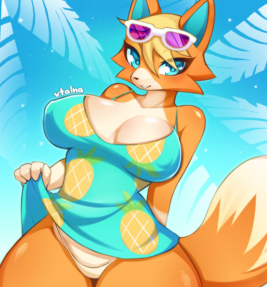 2023 absurd_res animal_crossing anthro artist_name audie_(animal_crossing) big_breasts blonde_hair blue_eyes breasts canid canine canis cleavage clothed clothing clothing_lift digital_media_(artwork) eyewear eyewear_on_head female fur hair hand_behind_head hi_res looking_at_viewer mammal nintendo nipple_outline orange_body orange_fur panties short_hair solo sunglasses sunglasses_on_head thick_thighs underwear vtalna1 wolf