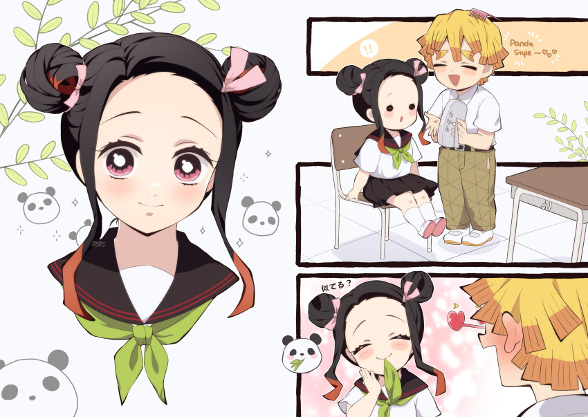 ! !! 1boy 1girl absurdres agatsuma_zenitsu alternate_hairstyle bag belt black_hair blonde_hair brown_skirt closed_eyes desk double_bun green_neckerchief hair_bun hair_ornament hair_ribbon heart highres holding holding_bag kamado_nezuko kimetsu_no_yaiba long_hair multicolored_hair neckerchief open_mouth orange_hair panda pants pink_eyes pink_ribbon pori_(kmt_pori) ribbon school_uniform serafuku shirt shoes short_hair skirt socks white_shirt white_socks