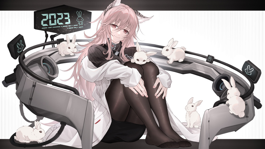 1girl 2023 333_(pixiv8601259) absurdres animal_ears black_pantyhose black_skirt black_sweater cat_ears cat_girl coat feet girls'_frontline_neural_cloud hair_between_eyes highres knees_up legs long_hair long_sleeves looking_at_viewer no_shoes off_shoulder open_clothes open_coat pantyhose persica_(girls'_frontline) pink_eyes pink_hair rabbit ribbed_sweater skirt smile solo sweater thighs toes very_long_hair white_coat