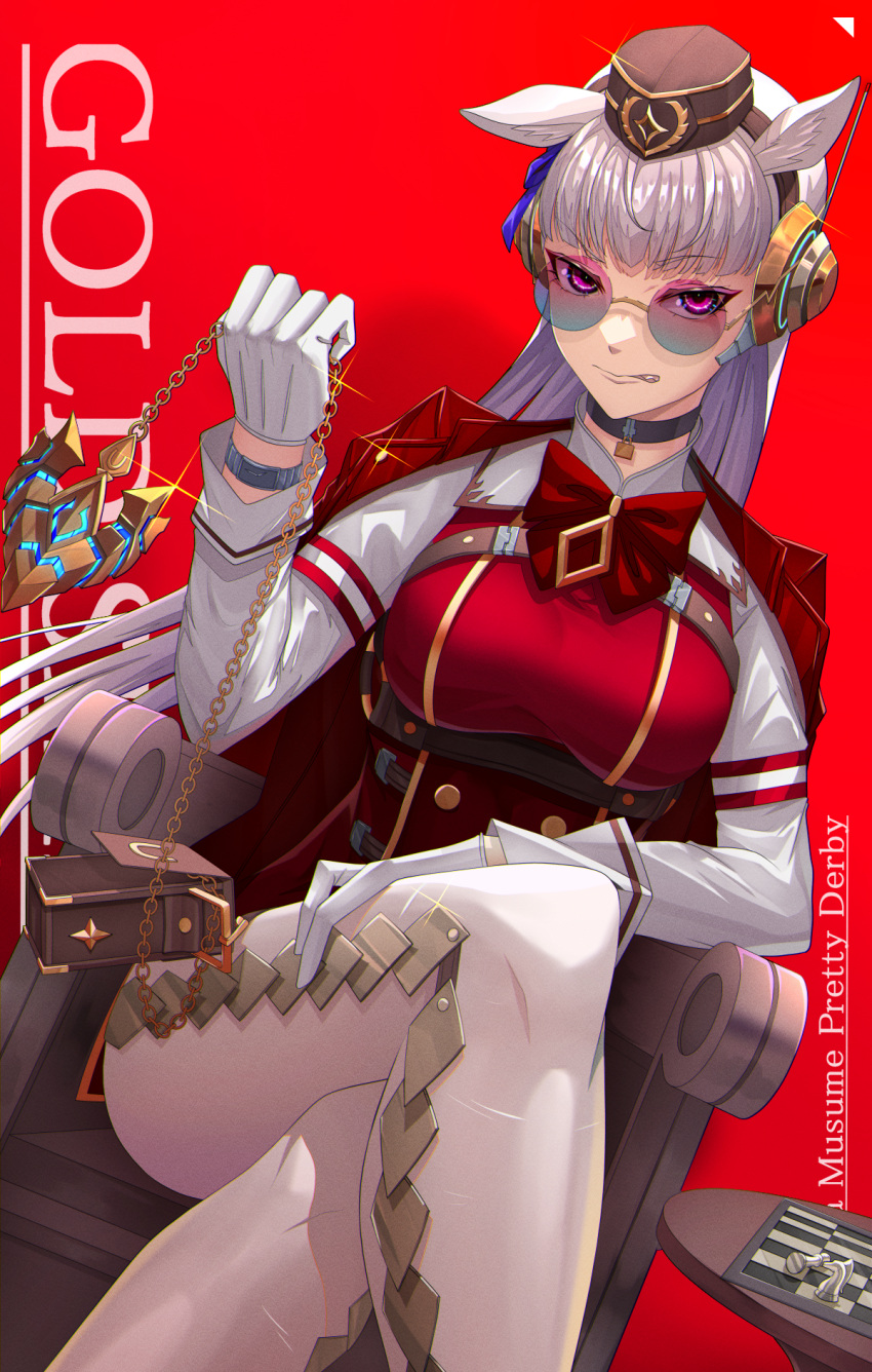 1girl amekudaki angry animal_ears bow bowtie breasts chain character_name chess_piece chessboard chest_harness choker clenched_teeth copyright_name crossed_legs dress dutch_angle feet_out_of_frame gloves gold_ship_(umamusume) grey_hair hand_on_own_leg hand_rest hand_up harness hat headset highres horse_ears jacket jacket_on_shoulders large_breasts leggings long_hair long_sleeves looking_at_viewer parted_lips pillbox_hat pink_eyes red_background red_bow red_bowtie red_dress rimless_eyewear round_eyewear short_dress simple_background sitting solo sparkle teeth umamusume underbust v-shaped_eyebrows very_long_hair watch white_gloves wristwatch
