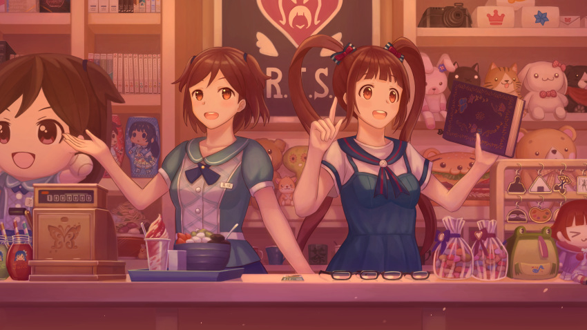 2girls :d absurdres aoba_misaki bag_charm blue_dress book bookshelf breasts brown_eyes brown_hair camera candy cash_register character_doll character_request charm_(object) delphi_(ga2006230312) dessert dress eyewear_removed food glasses highres holding holding_book ice_cream idolmaster idolmaster_million_live! long_hair matsuda_arisa multiple_girls short_hair short_sleeves small_breasts smile spoon standing stuffed_animal stuffed_cat stuffed_dog stuffed_rabbit stuffed_toy teddy_bear twintails very_long_hair