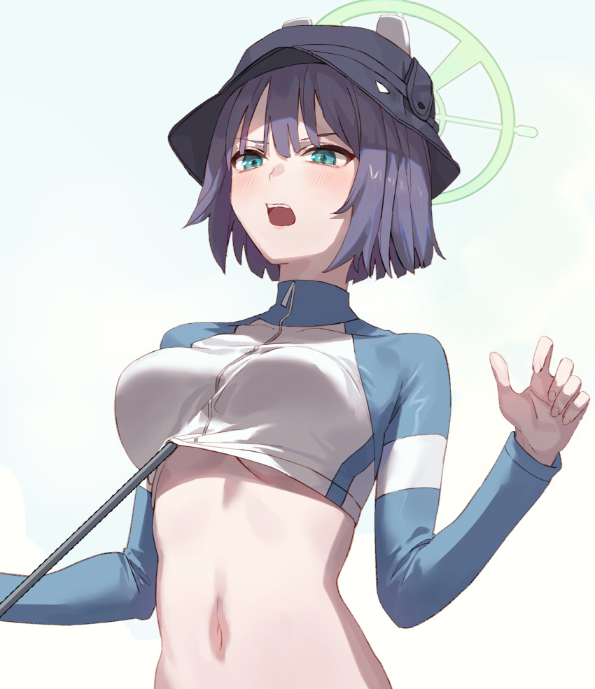 1girl absurdres aqua_eyes black_headwear blue_archive blue_jacket blush breasts bucket_hat cropped_jacket grey_hair halo hat highres jacket large_breasts long_sleeves looking_at_viewer multicolored_clothes multicolored_jacket navel official_alternate_costume open_mouth rash_guard saki_(blue_archive) saki_(swimsuit)_(blue_archive) short_hair sidelocks solo stomach swimsuit tesin_(7aehyun) two-tone_jacket wet white_background white_jacket