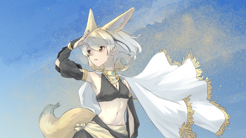 alternate_costume animal_ears bare_shoulders black_shirt black_sleeves blonde_hair blue_sky bracelet cape cowboy_shot crop_top detached_sleeves extra_ears fennec_(kemono_friends) fox_ears fox_girl fox_tail frilled_cape gold_bracelet gold_necklace hair_between_eyes harem_outfit highres jewelry kemono_friends midriff multicolored_hair navel necklace orange_eyes sasa_fune shirt short_hair sidelocks sky sleeves_past_wrists star_(sky) tail white_cape white_hair