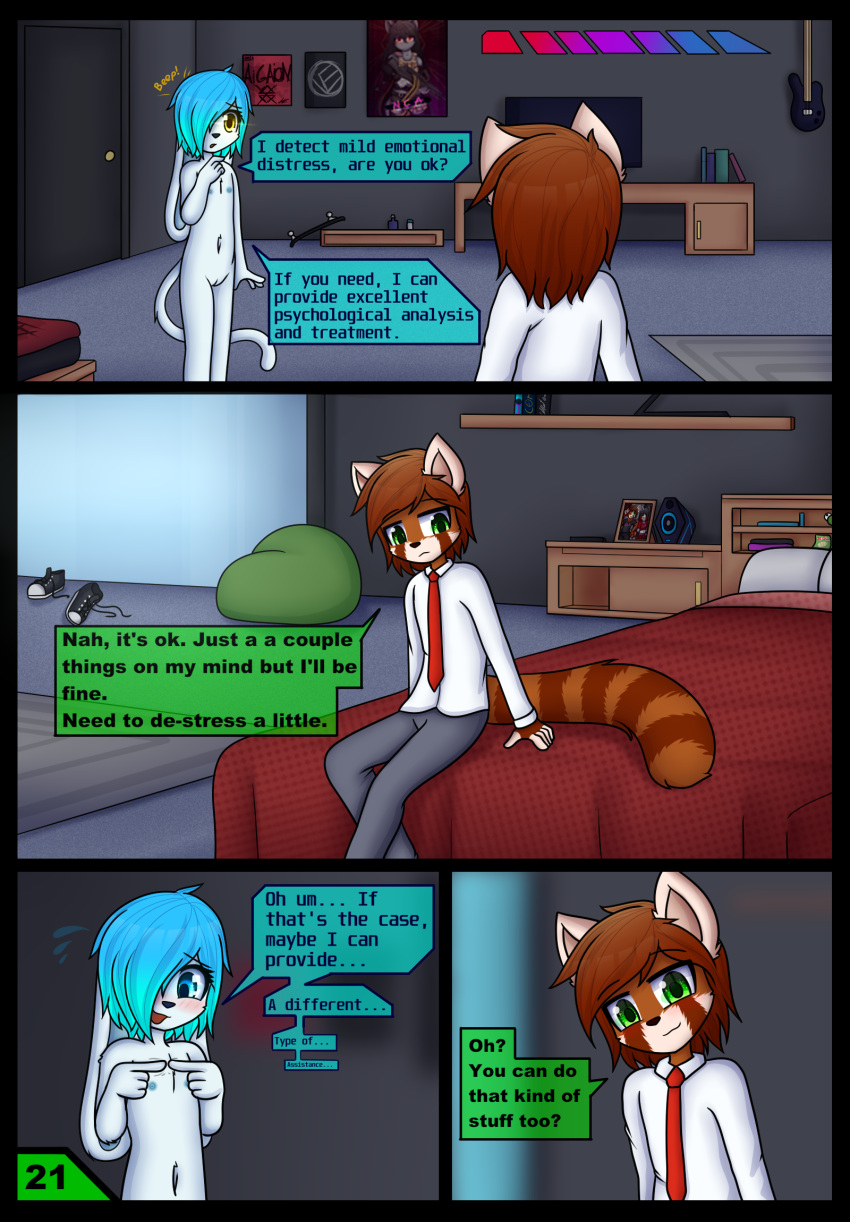 ailurid anthro clothing comic dialogue dream_mirage duo female flat_chested genitals hi_res machine male mammal nipples nude red_panda robot school_uniform teenager text uniform unknown_species young
