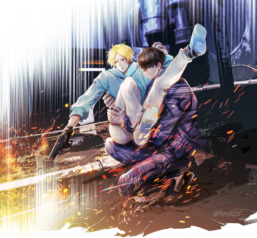 2boys black_hair blonde_hair blue_hoodie carrying cranespirit gun holding holding_gun holding_weapon hood hood_down hoodie multiple_boys outdoors pants princess_carry sakamoto_days seba_natsuki shin_(sakamoto_days) short_hair sparks squatting weapon white_pants