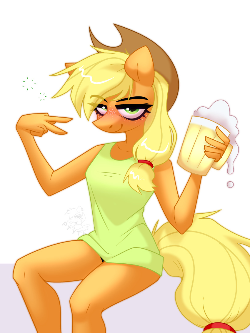 2023 absurd_res alcohol anthro anthrofied applejack_(mlp) beer beer_mug beverage blonde_hair blush blush_lines breasts bubble clothing colored covered_breasts cowboy_hat digital_drawing_(artwork) digital_media_(artwork) dress drunk drunk_bubble earth_pony equid equine eyebrow_through_hair eyebrows eyelashes female freckles friendship_is_magic fur gesture green_clothing green_eyes green_topwear grin grinning_at_viewer hair hasbro hat headgear headwear hi_res holding_mug holding_object horse humanoid looking_at_viewer mammal mug my_little_pony orange_body orange_fur pony red_eyes rtootb scrunchie shaded signature simple_background sitting smile solo substance_intoxication tail topwear translucent translucent_hair underwear v_sign watermark white_background yellow_tail