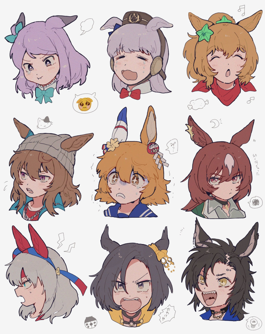 +_+ 6+girls :t air_groove_(umamusume) air_shakur_(umamusume) animal_ears beanie black_choker black_hair blonde_hair blue_eyes blue_shirt bow bowtie brown_eyes brown_hair choker closed_eyes collar ear_bow ear_covers ears_down ears_through_headwear expressions flower frilled_collar frills gold_ship_(umamusume) green_bow green_bowtie green_shirt grey_hair grey_headwear hair_between_eyes hair_flower hair_ornament hairband hat headgear headshot high_collar highres horse_ears horse_girl kamutyome7 long_hair looking_at_viewer matikanefukukitaru_(umamusume) mejiro_mcqueen_(umamusume) multicolored_hair multiple_girls nakayama_festa_(umamusume) open_mouth orange_hair pillbox_hat ponytail purple_eyes purple_hair red_bow red_bowtie red_scarf sailor_collar scarf shirt short_hair shouting sidelocks sirius_symboli_(umamusume) taiki_shuttle_(umamusume) tamamo_cross_(umamusume) tearing_up tears translation_request two-tone_hair umamusume white_hair yellow_eyes yellow_shirt