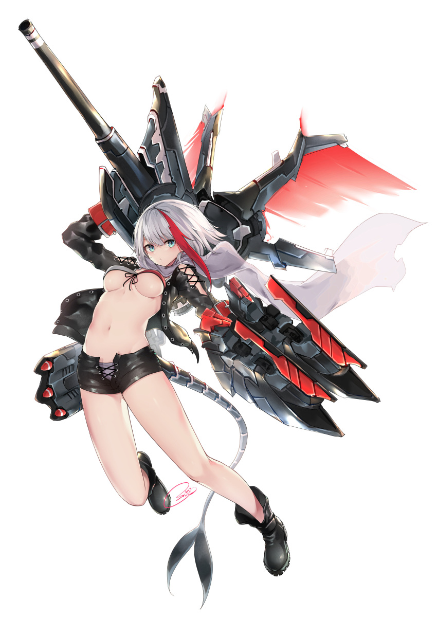 1girl absurdres admiral_graf_spee_(azur_lane) azur_lane blue_eyes blush boots breasts cross fins fish_tail highres holding holding_weapon iron_cross large_breasts looking_at_viewer mechanical_hands mechanical_tail medium_hair multicolored_hair navel osisio red_hair shark_tail short_hair short_shorts shorts streaked_hair tail underboob weapon white_background white_hair