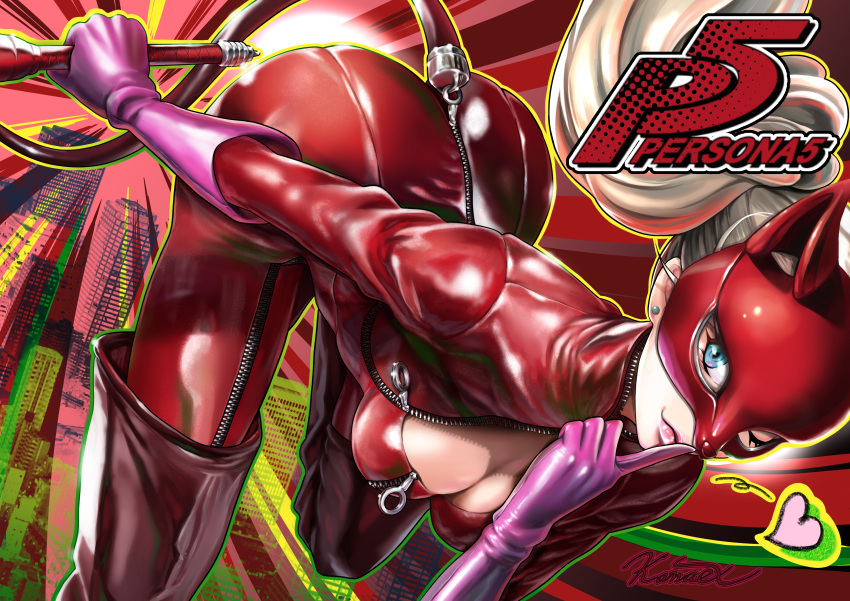 1girl absurdres blonde_hair blue_eyes bodysuit boots breasts brown_footwear cleavage closed_mouth earrings fake_tail fox_mask gloves highres holding holding_weapon jewelry kanaex001 long_hair looking_at_viewer mask medium_breasts one_eye_closed persona persona_5 pink_gloves red_bodysuit smile solo tail takamaki_anne thigh_boots twintails weapon