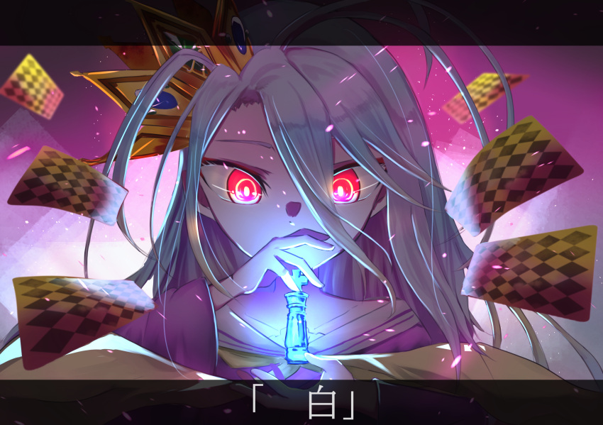 board_game card chess chess_piece close-up crown cvel_1014 glowing glowing_eyes highres king_(chess) no_game_no_life playing_card shiro_(no_game_no_life) white_hair