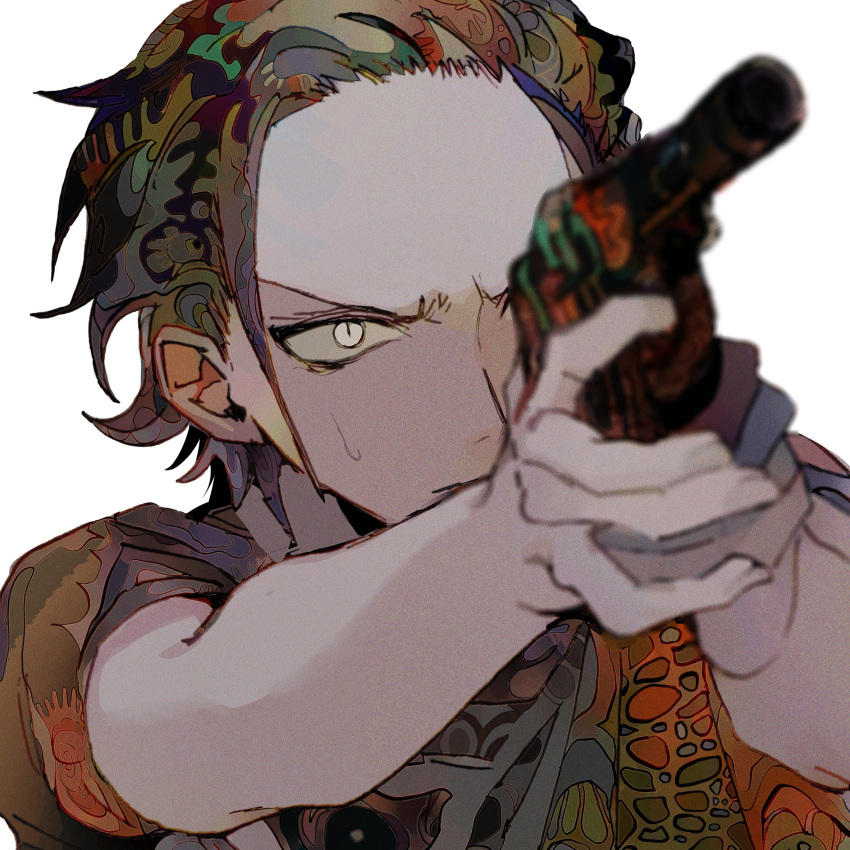 1boy aged_down aiming_up androgynous black_hair crocodile_(one_piece) gun hair_slicked_back highres holding holding_gun holding_weapon male_focus one_piece short_hair short_sleeves simple_background slit_pupils weapon white_background yadu_nadu