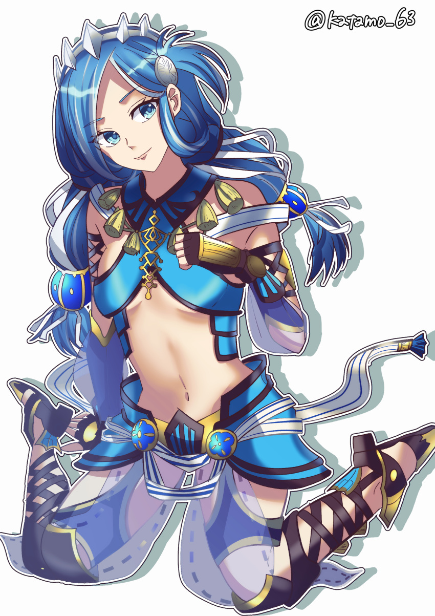 1girl absurdres blue_eyes blue_hair braid dana_(ys) fingerless_gloves full_body gloves hand_guard high_heels highres katamo_63 kneeling looking_at_viewer navel parted_bangs smile solo tiara twin_braids twintails twitter_username white_background ys ys_viii_lacrimosa_of_dana