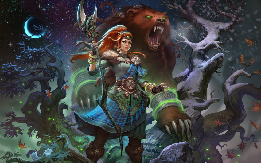 1girl artio_(smite) bear boots braid commentary_request earrings facial_mark fingerless_gloves flower fur_trim gloves headband highres jewelry leaf long_hair moon night night_sky official_art orange_hair ponytail simon_eckert sky smite snow snowing solo staff star_(sky) tattoo tree