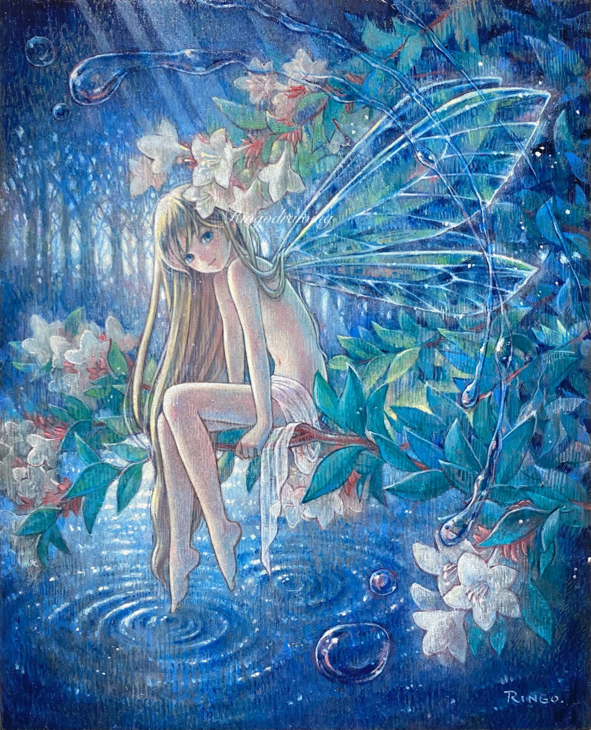 1girl barefoot blonde_hair blue_eyes blush branch commentary_request completely_nude fairy flat_chest flower forest full_body highres lily_(flower) long_hair looking_at_viewer nature navel nude oil_painting_(medium) original outdoors painting_(medium) ringodrawing ripples sitting smile solo traditional_media very_long_hair water water_drop white_flower