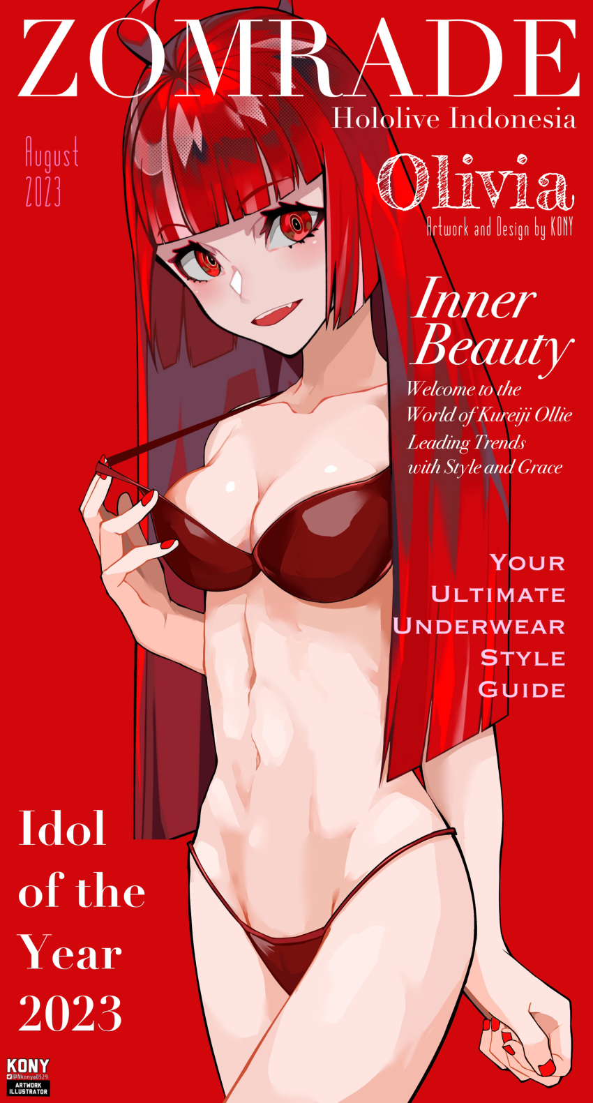 1girl absurdres blunt_bangs bra breasts cleavage cover cowboy_shot english_text fake_magazine_cover highres hime_cut hololive hololive_indonesia kureiji_ollie long_hair looking_at_viewer magazine_cover medium_breasts nail_polish nkonya olivia_(kureiji_ollie) panties red_background red_bra red_eyes red_hair red_nails red_panties red_theme simple_background solo strap_pull underwear underwear_only virtual_youtuber