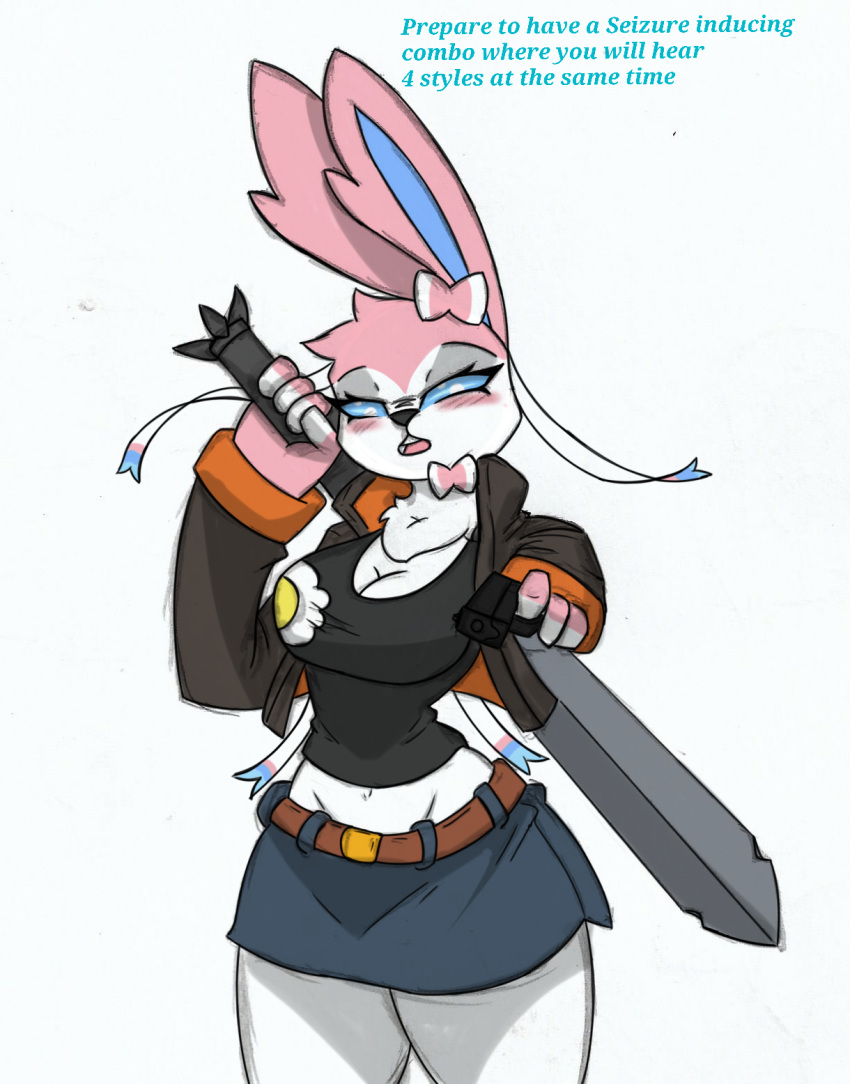 anthro big_breasts blush breasts capcom devil_may_cry eeveelution english_text female generation_6_pokemon gun hi_res melee_weapon nintendo pace-maker pokemon pokemon_(species) ranged_weapon small_waist solo sword sylveon text weapon wide_hips