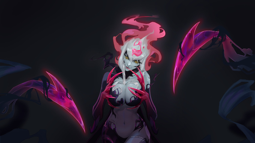 1girl absurdres bare_arms bare_hips bare_legs bare_shoulders black_background black_skin breasts breasts_squeezed_together claws colored_skin cowboy_shot demon demon_girl evelynn_(league_of_legends) evil_smile fingernails grey_skin hair_between_eyes hair_floating_upwards highres large_breasts lashers league_of_legends long_fingernails multicolored_hair naughty_face navel phtharticpaul pink_hair pink_nails pink_skin seductive_smile sharp_fingernails sidelocks smile solo twitter_username two-tone_hair white_hair yellow_eyes