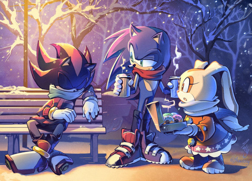 1girl 2boys 9raviolly alternate_costume branch brown_eyes coffee_cup commentary cream_the_rabbit cup disposable_cup doughnut english_commentary food gloves green_eyes green_scarf holding holding_cup multiple_boys night on_bench outdoors red_scarf scarf shadow_the_hedgehog sleeping smile snow snowing sonic_(series) sonic_the_hedgehog white_gloves winter winter_clothes