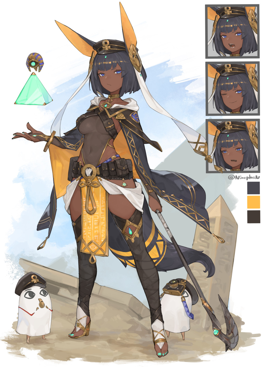 1girl absurdres animal_ears ankh annoyed belt belt_pouch black_hair blue_eyes bracelet breasts bridal_gauntlets camera choker cloak color_guide dark-skinned_female dark_skin egyptian expressions frown full_body hat high_heels highres holding holding_staff jewelry looking_at_viewer medium_breasts n9+ nail_polish obelisk one_eye_closed open_mouth original peaked_cap pelvic_curtain pouch short_hair smile staff standing tail thighhighs toeless_footwear very_dark_skin