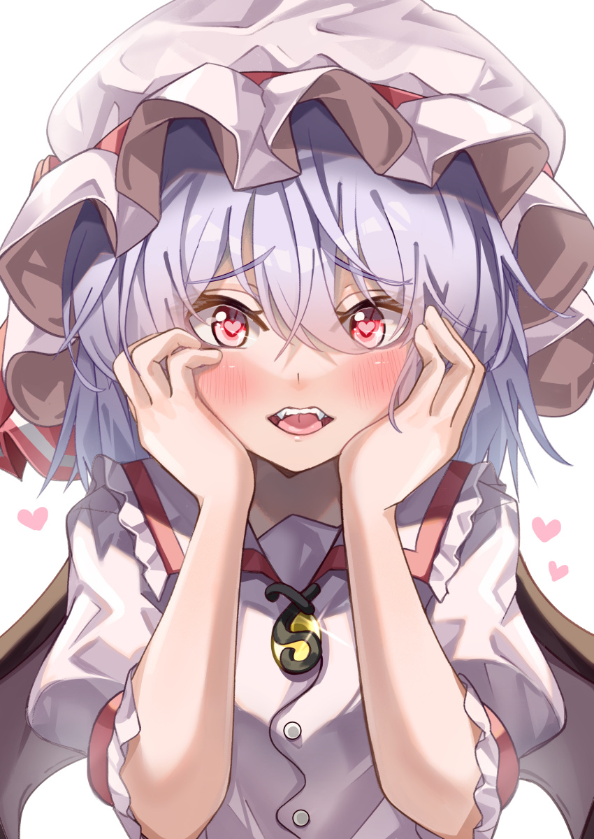 1girl absurdres blush commentary_request demon_wings dress excited fangs hair_between_eyes hands_on_own_cheeks hands_on_own_face hands_up hat hat_ribbon heart heart-shaped_pupils highres looking_at_viewer lovestruck maboroshi_mochi medium_hair messy_hair purple_hair red_eyes red_ribbon remilia_scarlet ribbon solo symbol-shaped_pupils touhou upper_body vampire white_dress wings