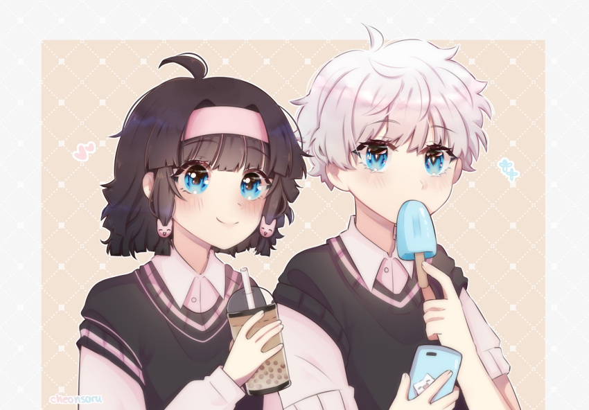 1boy 1girl alluka_zoldyck black_hair blue_eyes brother_and_sister bubble_tea cellphone cheonsaru female_child food hair_ornament hairband highres hunter_x_hunter killua_zoldyck looking_at_viewer male_child medium_hair phone pink_background popsicle school_uniform short_hair siblings smartphone white_hair