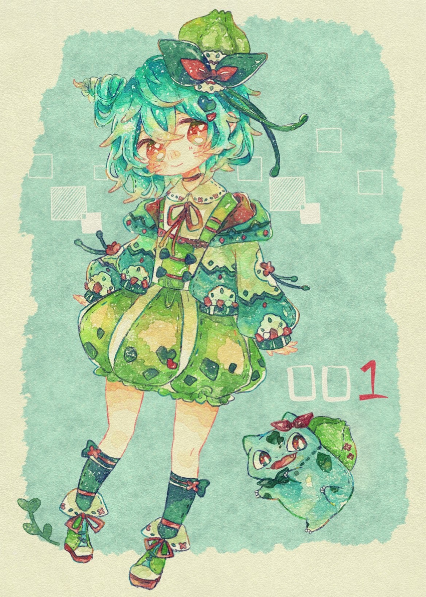 1girl blush bubble_skirt bulbasaur choker cone_hair_bun creature_and_personification full_body green_footwear green_hair green_headwear green_jacket green_shirt green_skirt green_socks hair_bun hair_ornament heart heart_hair_ornament highres hood hooded_jacket jacket kanato345 long_sleeves no_nose personification pokedex_number pokemon pokemon_(creature) red_eyes red_ribbon ribbon shirt skirt smile socks traditional_media