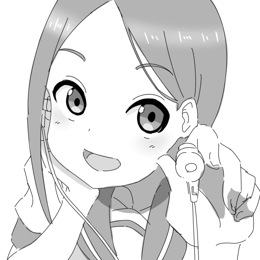 1girl :d earbuds earphones greyscale hands_up highres holding holding_earphones karakai_jouzu_no_takagi-san kuro_kosyou long_hair looking_at_viewer monochrome parted_bangs sailor_collar school_uniform serafuku short_sleeves simple_background smile solo takagi-san upper_body white_background