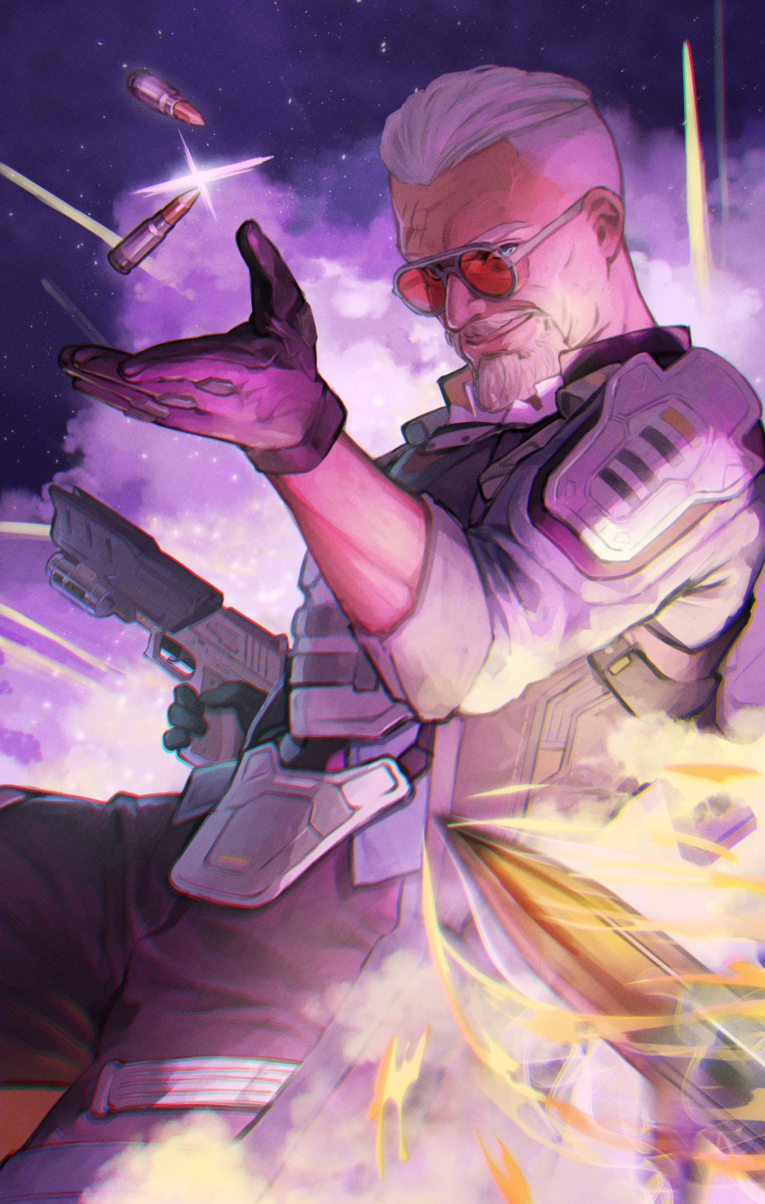 1boy absurdres animification apex_legends ballistic_(apex_legends) black_gloves black_pants blue_eyes blue_shirt bossan_3310 bullet bulletproof_vest facial_hair fire glint gloves goatee grey_vest gun hair_slicked_back highres holding holding_gun holding_weapon looking_at_viewer male_focus old old_man open_hand orange-tinted_eyewear pants round_eyewear shirt smart_pistol smile smoke solo sunglasses tinted_eyewear titanfall_(series) undercut vest weapon