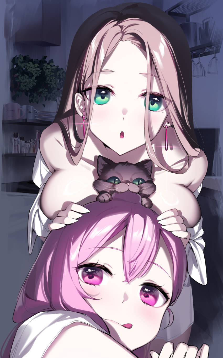 2girls :q absurdres animal_between_breasts blue_eyes breast_press breasts brown_hair cat chestnut_mouth earrings hand_on_another's_head highres indoors jewelry large_breasts long_hair looking_at_viewer multiple_girls original pink_eyes pink_hair plant tongue tongue_out yaguo