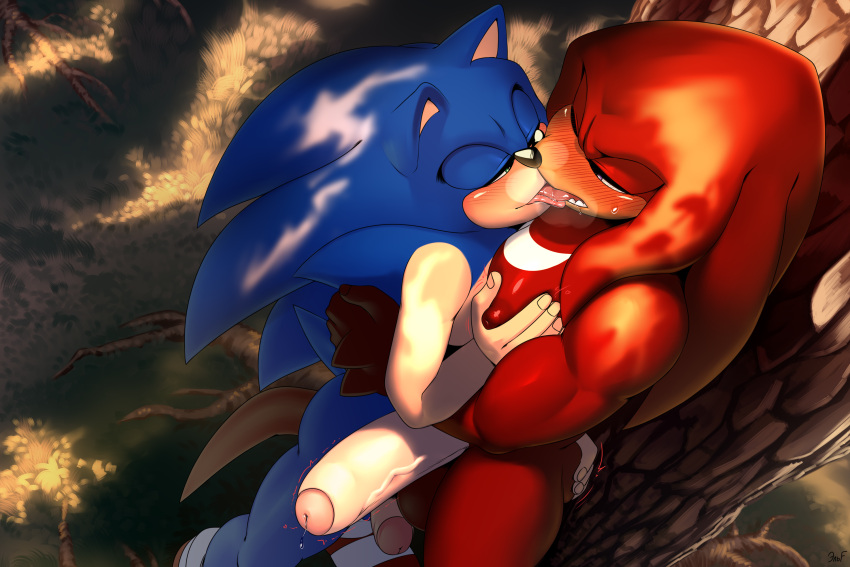 2023 anthro blue_body blush bodily_fluids butt duo echidna erection eulipotyphlan french_kissing genital_fluids genitals hedgehog hi_res kissing knuckles_the_echidna krazyelf male male/male mammal monotreme nude penis precum red_body sega sonic_the_hedgehog sonic_the_hedgehog_(series) sweat tan_body tongue tongue_out vein veiny_penis