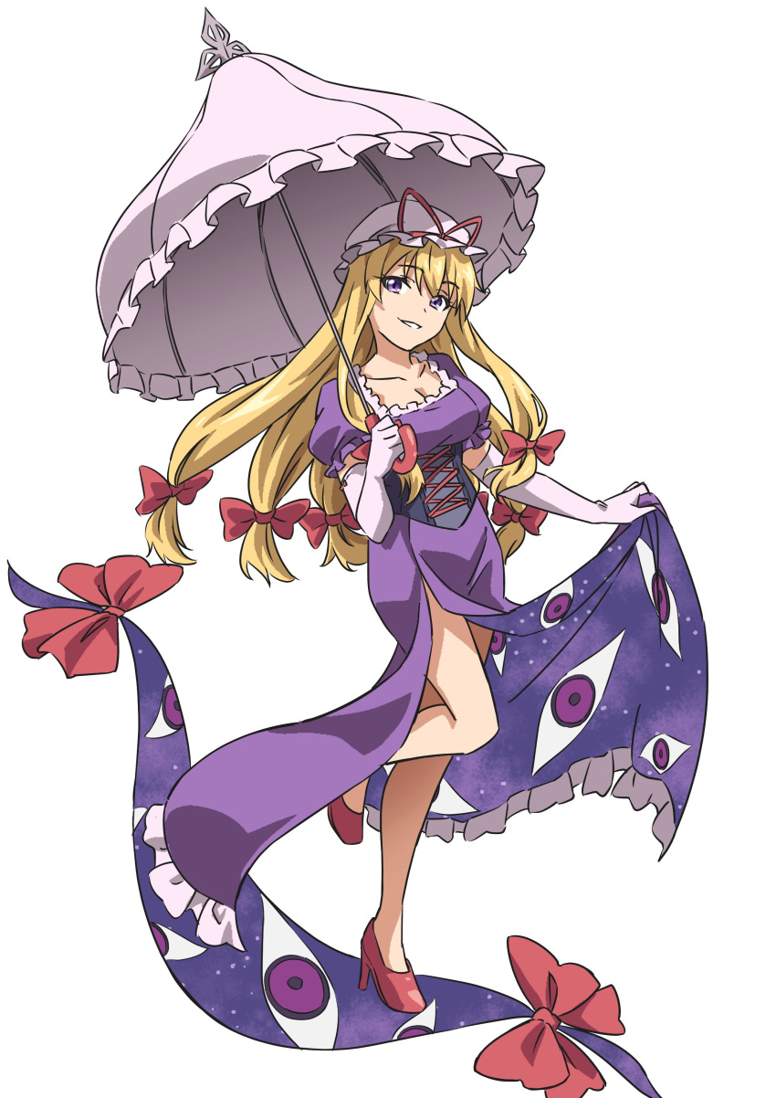 1girl absurdres blonde_hair bow breasts cleavage commentary dress elbow_gloves gap_(touhou) gloves gyouza_(mhea5724) hat hat_ribbon high_heels highres holding holding_umbrella long_hair looking_at_viewer low-tied_long_hair mob_cap parted_lips pink_umbrella purple_dress red_bow red_footwear red_ribbon ribbon simple_background solo touhou umbrella white_background white_gloves white_headwear yakumo_yukari yellow_eyes