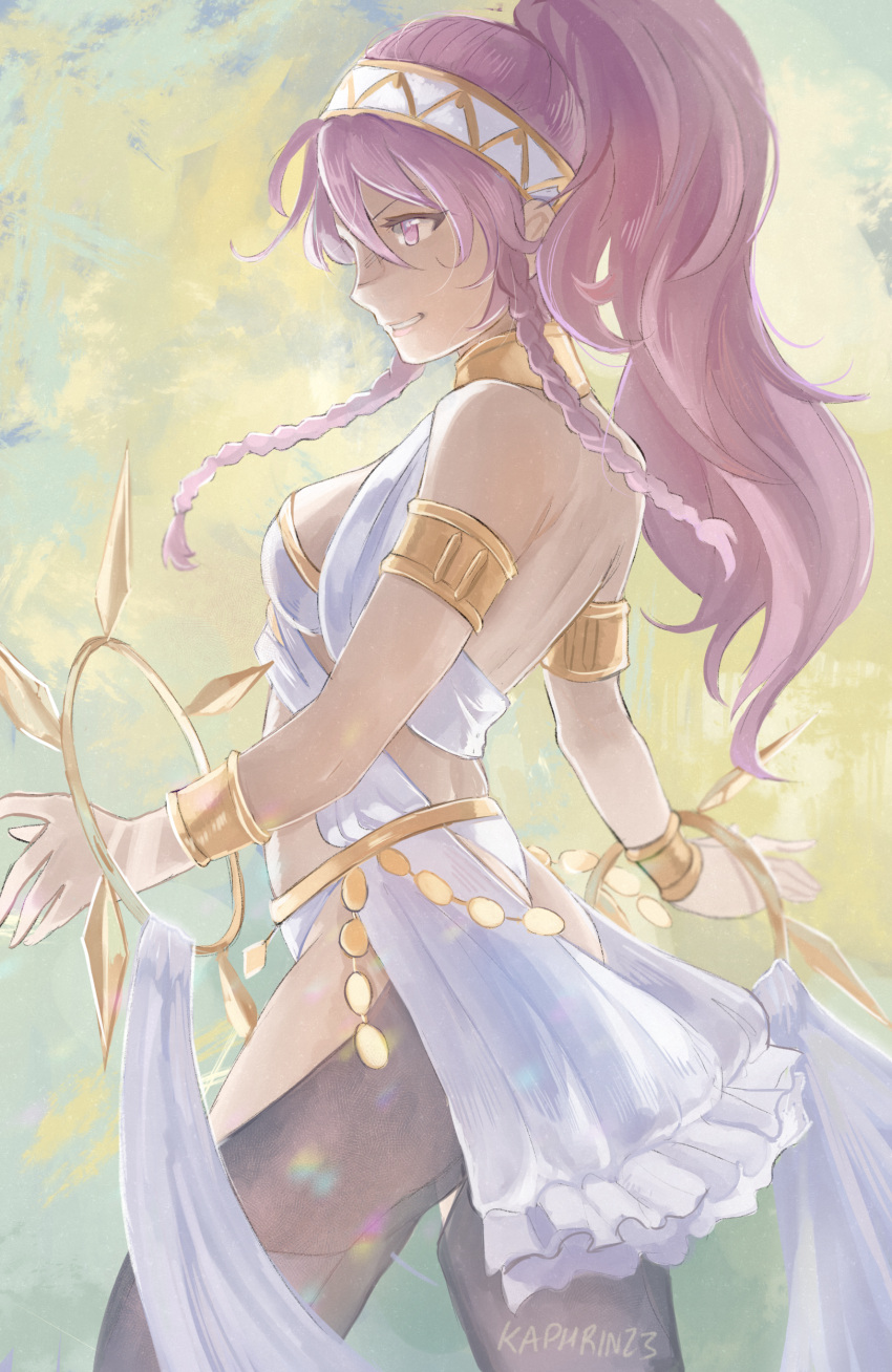 1girl absurdres armlet bracelet braid breasts commentary_request cowboy_shot fire_emblem fire_emblem_awakening hairband highres jewelry kaphrin long_hair olivia_(fire_emblem) pink_eyes pink_hair ponytail small_breasts solo standing twin_braids white_hairband