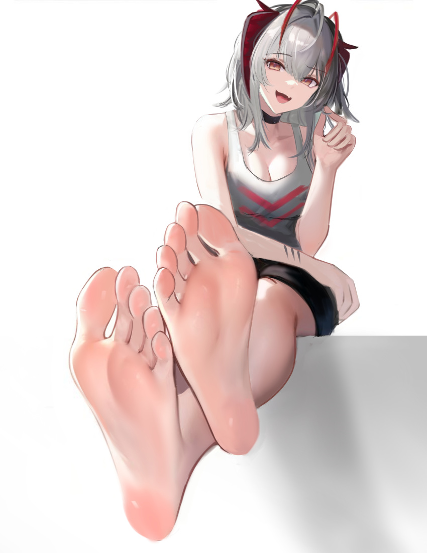 1girl absurdres ahoge arknights barefoot breasts cleavage fang feet foot_focus grey_hair highres looking_at_viewer medium_hair playing_with_own_hair red_eyes simple_background skin_fang soles solo suiryuu_(18559651) tank_top toes w_(arknights) white_background