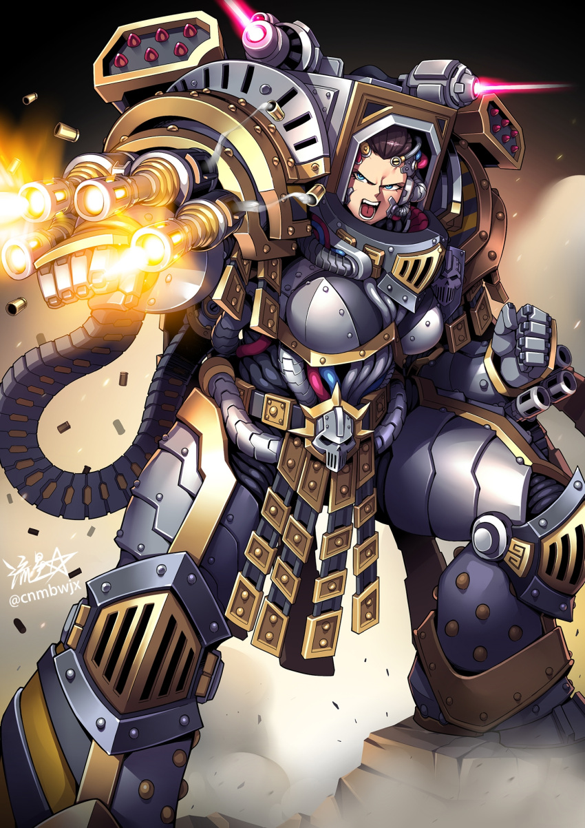1girl adeptus_astartes ammunition_belt armor breastplate breasts brown_hair cleavage clenched_hand clenched_hands firing full_armor gauntlets genderswap genderswap_(mtf) gold_trim greaves gun hazard_stripes highres iron_warriors legs_apart mechanical_parts missile_pod open_mouth pauldrons perturabo power_armor primarch rivets rocket_launcher ryuusei_(mark_ii) scowl shell_casing short_hair shoulder_armor signature skull solo standing teeth tube warhammer_40k weapon