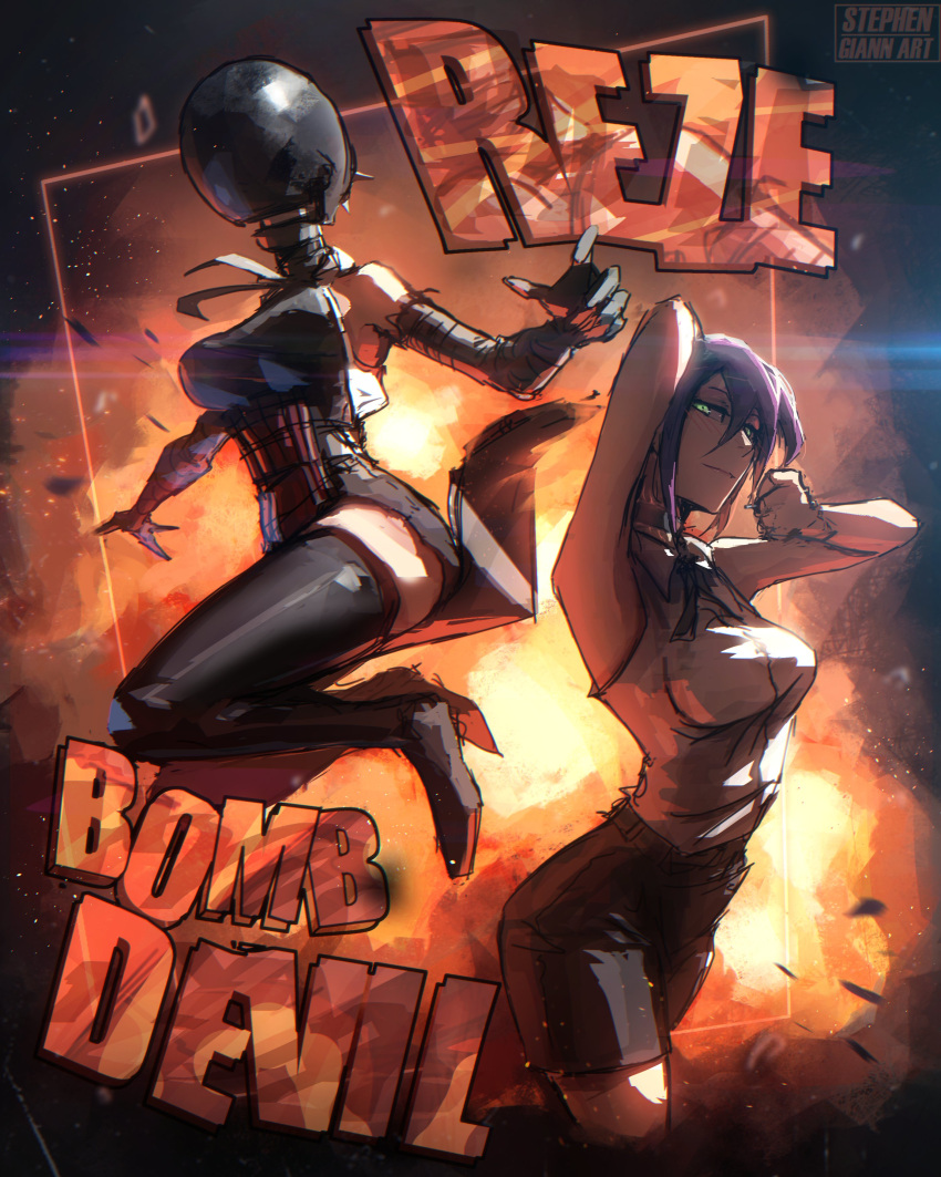1girl absurdres artist_name black_choker black_thighhighs bomb_devil_(chainsaw_man) chainsaw_man character_name choker collared_shirt elbow_gloves explosion facing_viewer gloves grenade_pin hair_bun highres looking_at_viewer nuclear_weapon purple_hair reze_(chainsaw_man) shirt short_hair single_hair_bun sleeveless sleeveless_shirt stephengiannart thighhighs transformation white_shirt