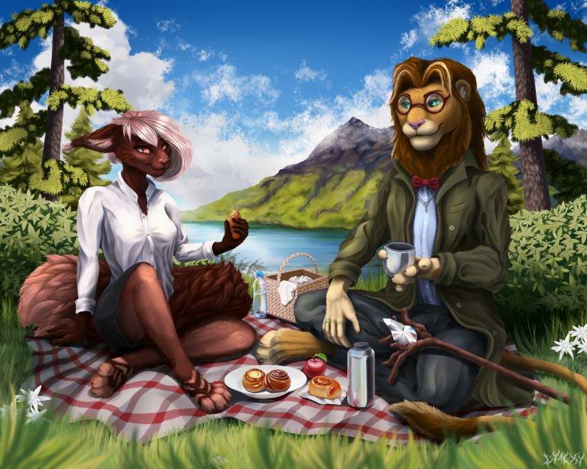 absurd_res anthro beverage brown_body brown_fur brown_hair clothing container cup daktari_(thedoctor2021) domestic_cat duo felid feline felis female food fur green_eyes hair hi_res hybrid lake landscape lion lynx lynxy maine_coon male mammal mountain orange_eyes pantherine picnic picnic_blanket plant saoirse_(allen_fuller) scenery silver_hair tree