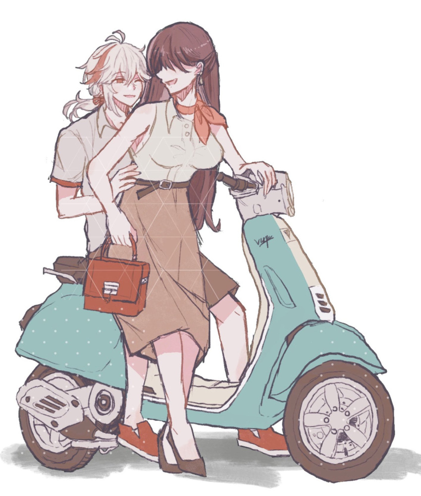 1boy 1girl bag beidou_(genshin_impact) couple full_body genshin_impact handbag hetero highres kaedehara_kazuha kasep long_hair motor_vehicle neckerchief red_eyes red_hair red_neckerchief scooter short_hair simple_background smile vespa white_background white_hair