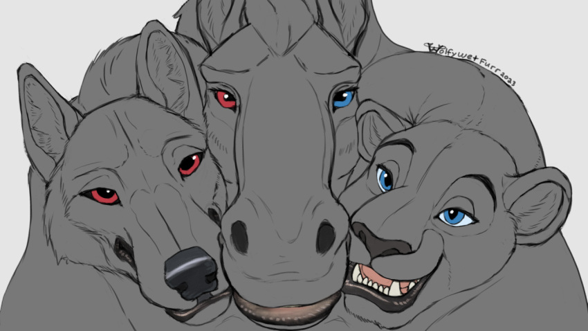 black_lips canid canine canis chimera equid equine felid feral fur group happy horse lion lips looking_at_viewer lying mammal on_front pantherine shade_fang sketch smile smiling_at_viewer solo_focus thick_lips trio wolf wolfywetfurr_(artist)