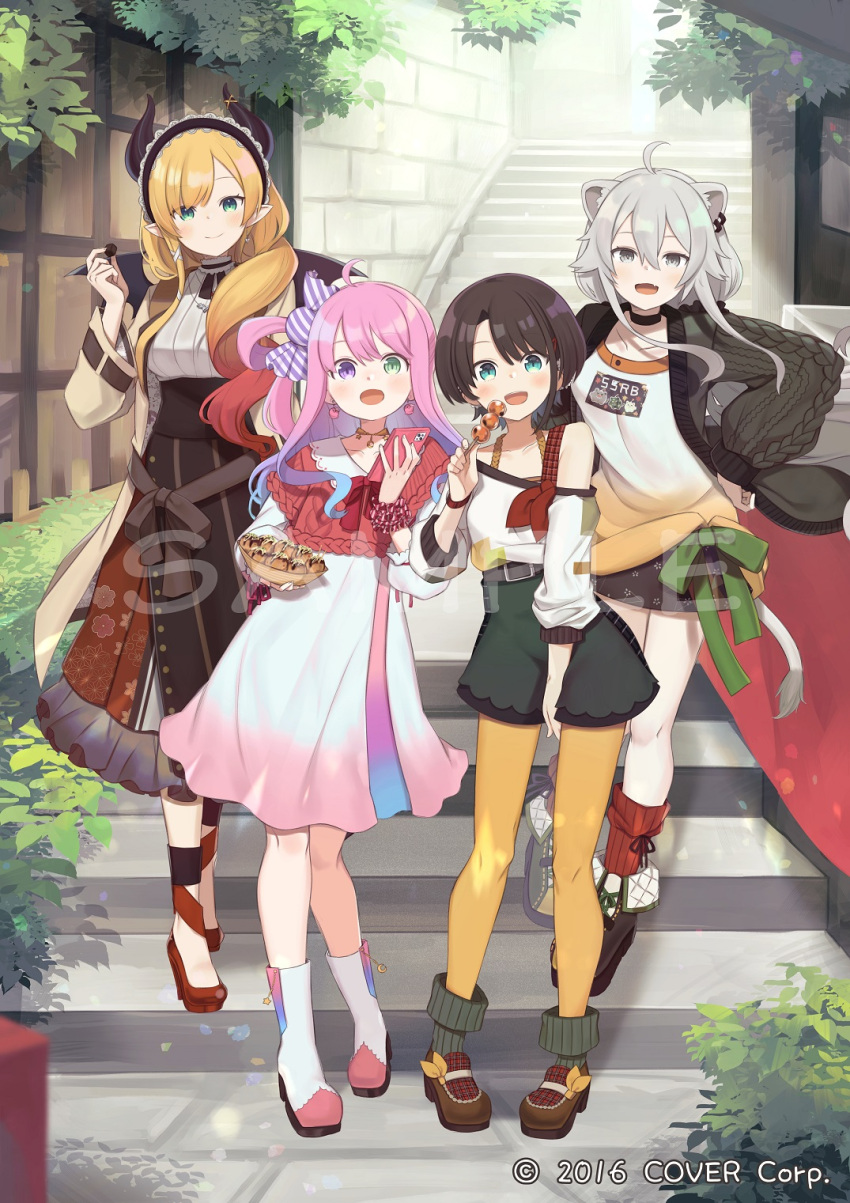 4girls :d ahoge animal_ear_fluff animal_ears black_hairband black_skirt black_wings blonde_hair blue_hair blush boots bow breasts brown_coat brown_footwear brown_hair brown_skirt candy_hair_ornament cellphone closed_mouth clothes_writing coat collarbone commentary_request day demon_girl demon_horns demon_wings dress ear_piercing earrings fang food food-themed_hair_ornament frilled_skirt frills gradient_hair green_bow green_eyes green_shorts grey_eyes grey_hair grey_jacket hair_between_eyes hair_ornament hair_rings hairband hand_on_own_hip heart heart_earrings heterochromia high-waist_skirt highres himemori_luna holding holding_food holding_phone hololive horns jacket jewelry large_breasts lion_ears lion_girl lion_tail long_hair long_sleeves multicolored_hair multiple_girls off_shoulder official_art one_side_up oozora_subaru open_clothes open_coat open_jacket outdoors pantyhose pantyhose_under_shorts parted_bangs phone piercing pink_dress pink_hair pointy_ears puffy_long_sleeves puffy_sleeves purple_eyes purple_hair red_footwear red_hair red_socks ribbed_socks sample_watermark shirt shishiro_botan shorts skirt sleeves_past_wrists smile socks stairs standing tail takoyaki totatokeke very_long_hair virtual_youtuber white_dress white_footwear white_shirt wings yellow_pantyhose yuzuki_choco