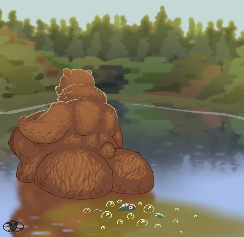 anthro bear big_butt brown_bear bubble butt casual_nudity day fart fart_bubbles fart_fishing fat_bear fat_belly female fish half_submerged hi_res lake light mammal marine nude obese obese_anthro obese_female overweight overweight_anthro overweight_female partially_submerged plant scenery skunk_bunk small_tail solo standing_in_water sunlight tail tree ursine water
