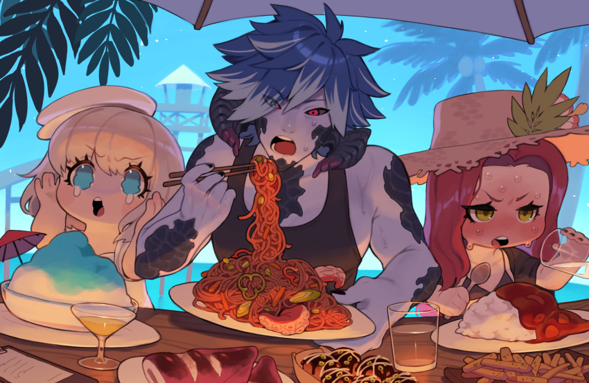 1boy 2girls au_ra bikini black_bikini black_sclera black_tank_top blonde_hair blue_eyes blue_hair blush chopsticks cocktail_glass cocktail_umbrella colored_sclera commentary_request crying cup curry curry_rice dragon_horns drinking_glass eating eyes_visible_through_hair final_fantasy final_fantasy_xiv food glasses green_eyes grey_hair hat highres holding holding_chopsticks holding_cup holding_plate holding_spoon horns lalafell multicolored_hair multiple_girls noodles open_mouth palm_tree plate red_eyes red_hair rice scales shaved_ice spicy spoon streaked_hair sun_hat sweat swimsuit takoyaki tank_top tears tree two-tone_hair warrior_of_light_(ff14) wavy_eyes zombiemiso