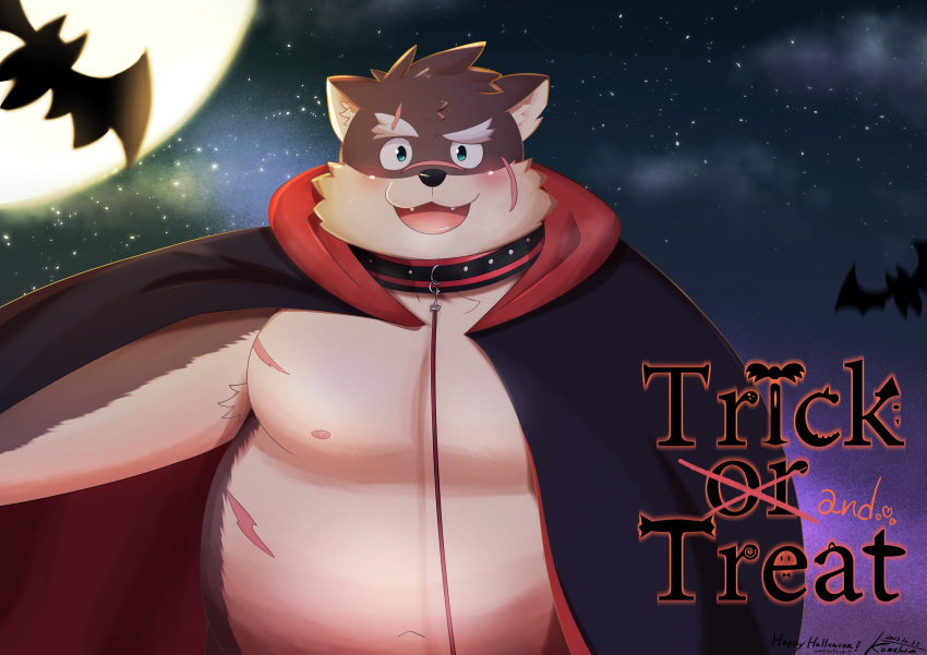 absurd_res anthro belly blush canid canine canis collar domestic_dog english_text eyebrows fur grey_body grey_fur halloween hi_res holidays kumatoron leash lifewonders male mammal moritaka nipples overweight scar solo text thick_eyebrows tokyo_afterschool_summoners vampire_costume