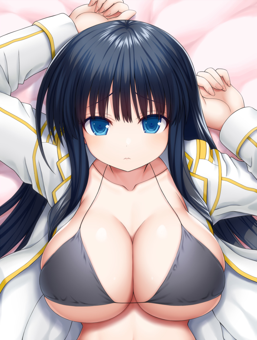 1girl arms_up asamura_hiori bed_sheet black_bra black_hair blue_eyes bra breasts cleavage closed_mouth collarbone commentary_request highres ikaruga_(senran_kagura) large_breasts long_hair lying on_back ongeki open_clothes senran_kagura senran_kagura_estival_versus senran_kagura_shinovi_versus shirt sidelocks solo underboob underwear upper_body white_shirt