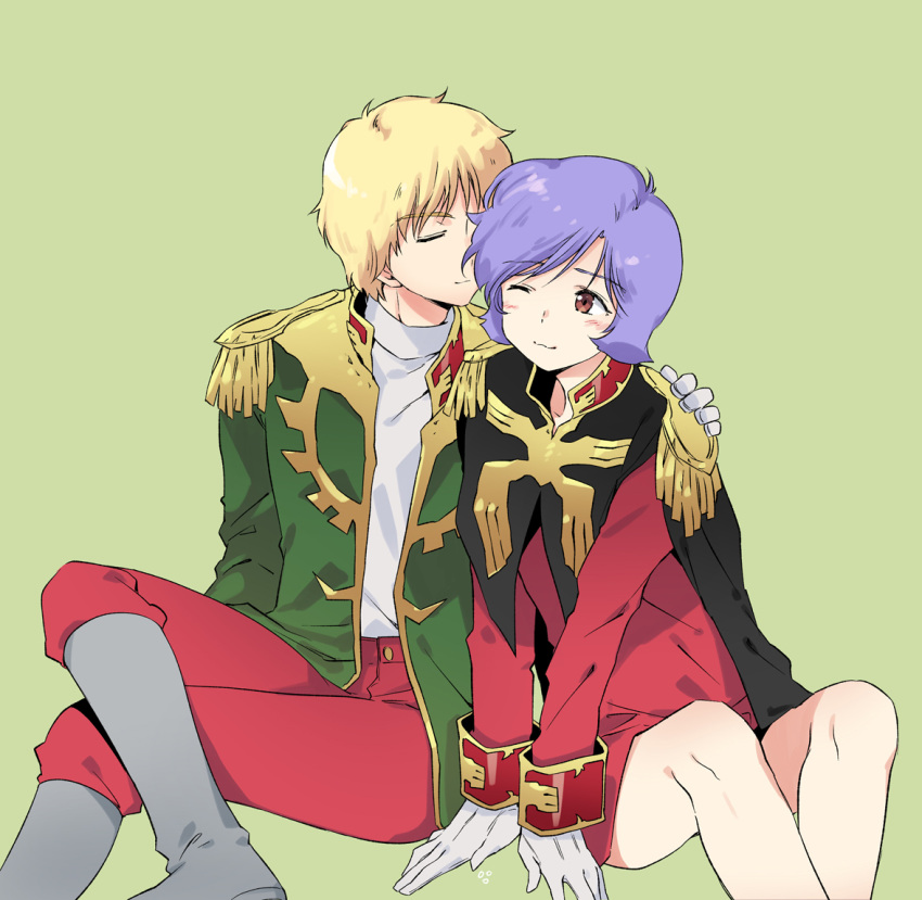 2boys arm_support blonde_hair blush boots borrowed_clothes bottomless brown_eyes char_aznable closed_eyes closed_mouth couple crossed_legs epaulettes feet_out_of_frame garma_zabi gloves green_background grey_footwear gundam high_collar jacket long_sleeves looking_at_another male_focus military_uniform mobile_suit_gundam multiple_boys one_eye_closed open_clothes open_jacket p.kibi pants purple_hair red_jacket red_pants shirt short_hair simple_background sitting smile undershirt uniform white_gloves white_shirt yaoi