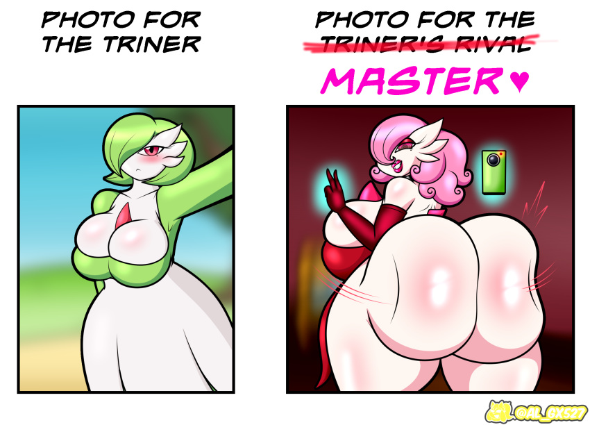 al_gx anthro ass_clapping before_and_after big_breasts big_butt bimbofication blush breasts butt clapping english_text female gardevoir generation_3_pokemon green_hair hair hi_res hypnosis infidelity mind_break mind_control nintendo photo pink_body pink_hair pokemon pokemon_(species) rear_view selfie shaking shaking_butt shaking_hips solo text transformation twerking white_body